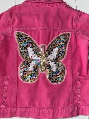 Ruffles by Tutu & Lulu Pink Sequin Butterfly Denim Jacket Size 6